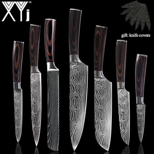 XYj 8 inch Utility Chef Stainless Steel Knives Imitation Damascus steel Santoku kitchen Knives Cleaver Slicing Knives Gift Knife