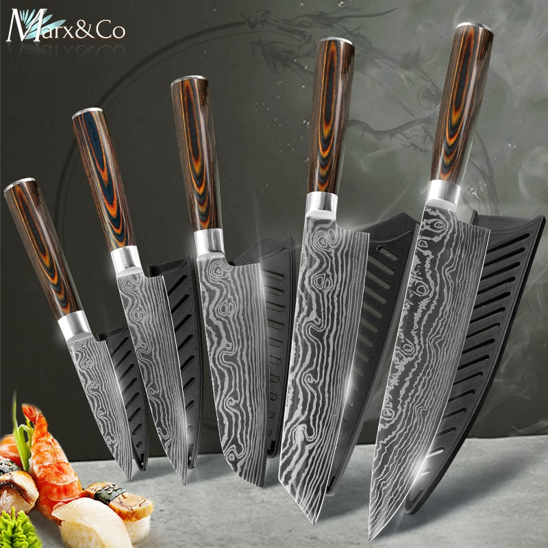 8-inch Chef's Knife Stainless Steel Kitchen Knife Imitation Damascus Large  Wave Pattern Slicing Knife Color Wooden Handle