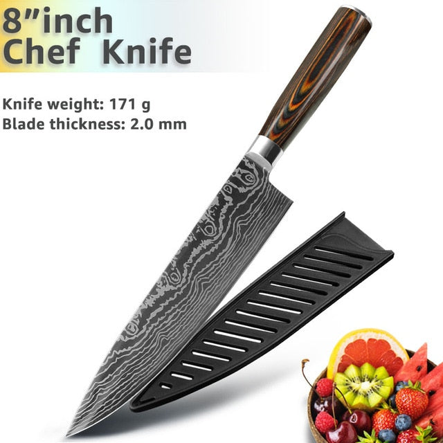 Laser Damascus Knife Set 7CR17 Steel Japanese Knife Cleaver Meat